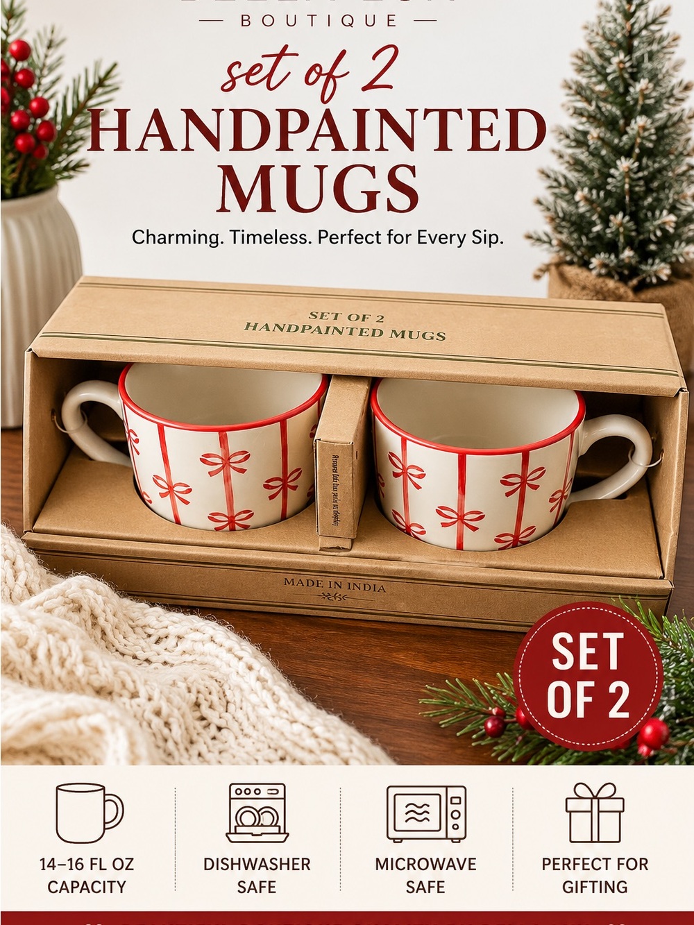 Bella Luxx Red and Cream Handpainted Mug Set of 2